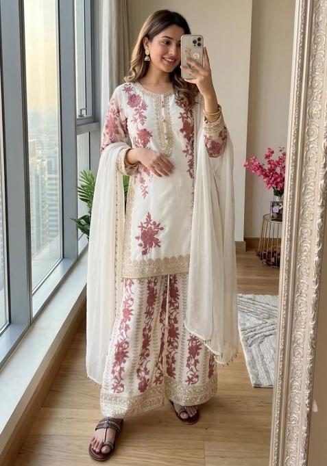White Embroidery Georgette Kurta Set