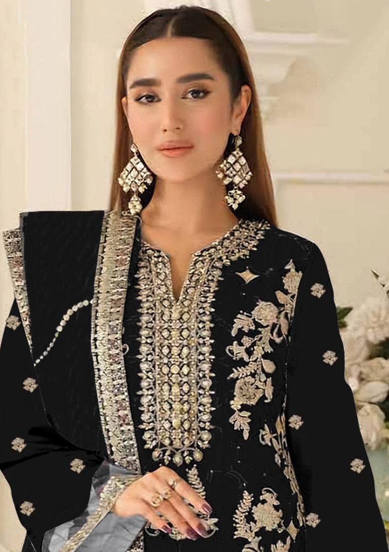Black Sequin Work Silk Kurta Set - Indya