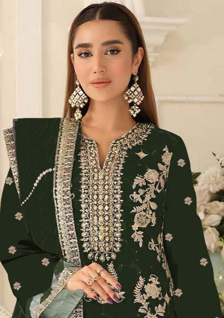 Green Sequin Work Silk Kurta Set - Indya