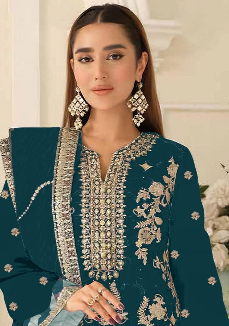 Teal Blue Sequin Work Silk Kurta Set - Indya