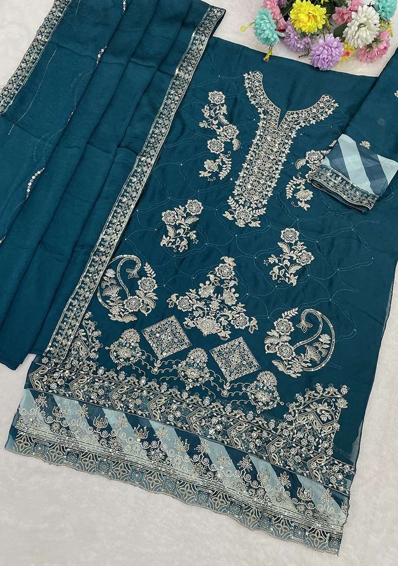 Teal Blue Sequin Work Silk Kurta Set - Indya