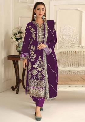Purple Sequin Work Silk Kurta Set