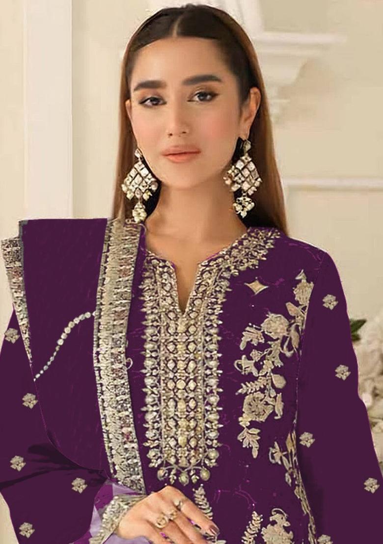 Purple Sequin Work Silk Kurta Set - Indya