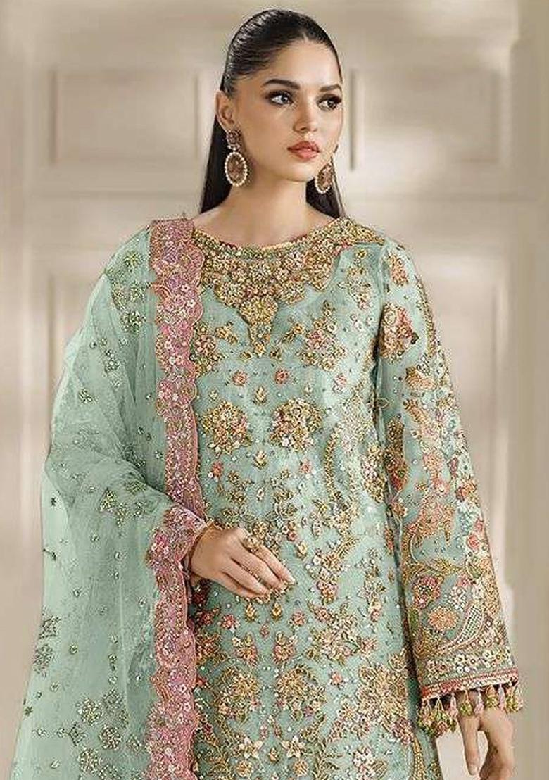 Green Sequin Work Chiffon Kurta Set - Indya