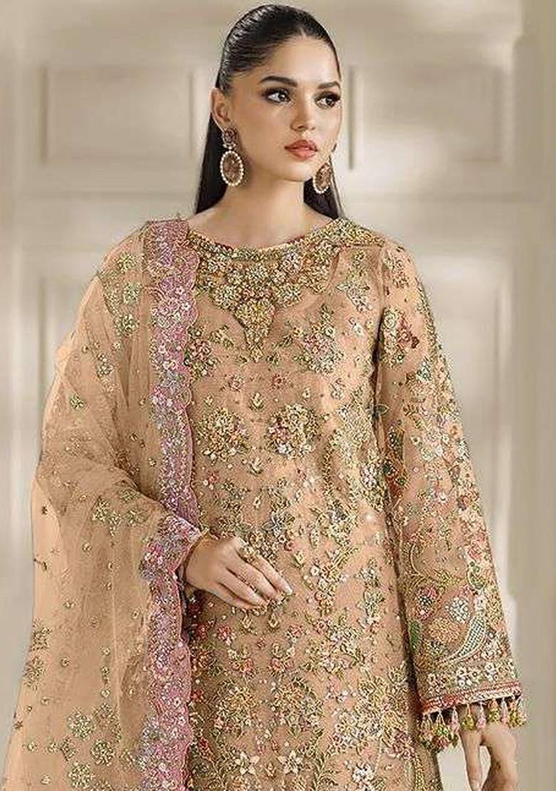 Peach Sequin Work Chiffon Kurta Set - Indya