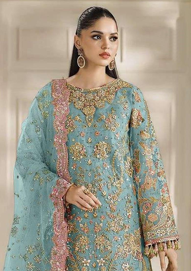 Sky Blue Sequin Work Chiffon Kurta Set - Indya