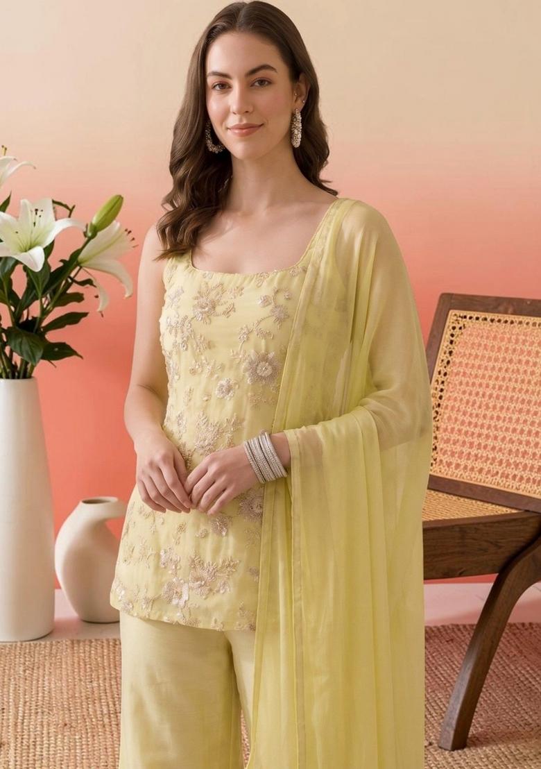 Lemon Yellow Sequin Work Georgette Kurta Set - Indya