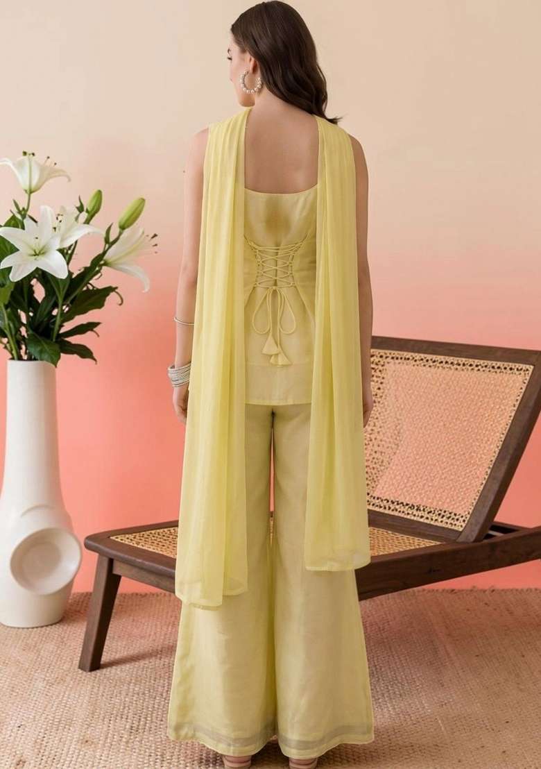 Lemon Yellow Sequin Work Georgette Kurta Set - Indya