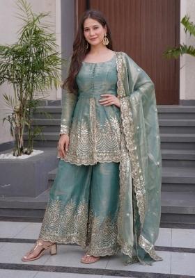 Sea Green Sequin Work Silk Kurta Set