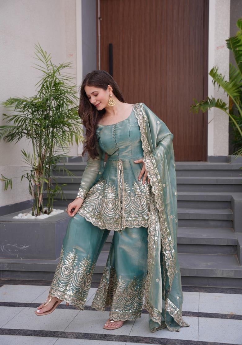 Sea Green Sequin Work Silk Kurta Set - Indya