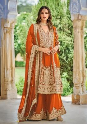 Orange Sequin Work Chinon Kurta Set