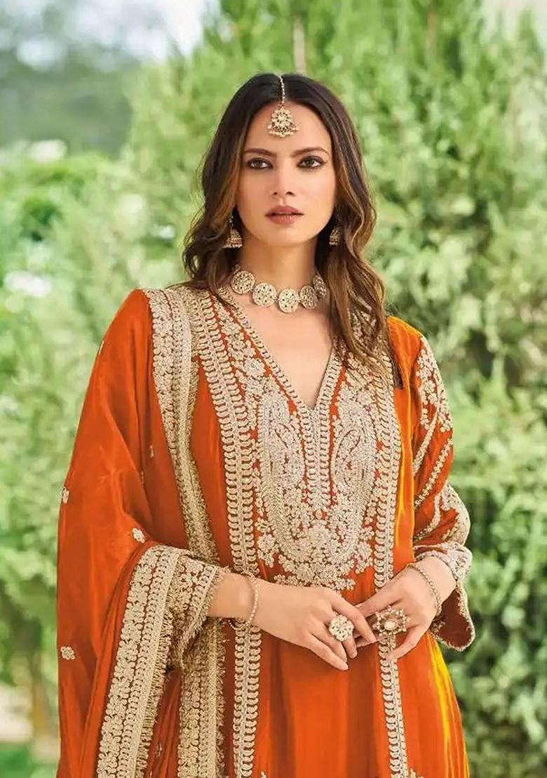 Orange Sequin Work Chinon Kurta Set - Indya