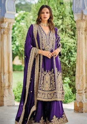 Purple Sequin Work Chinon Kurta Set