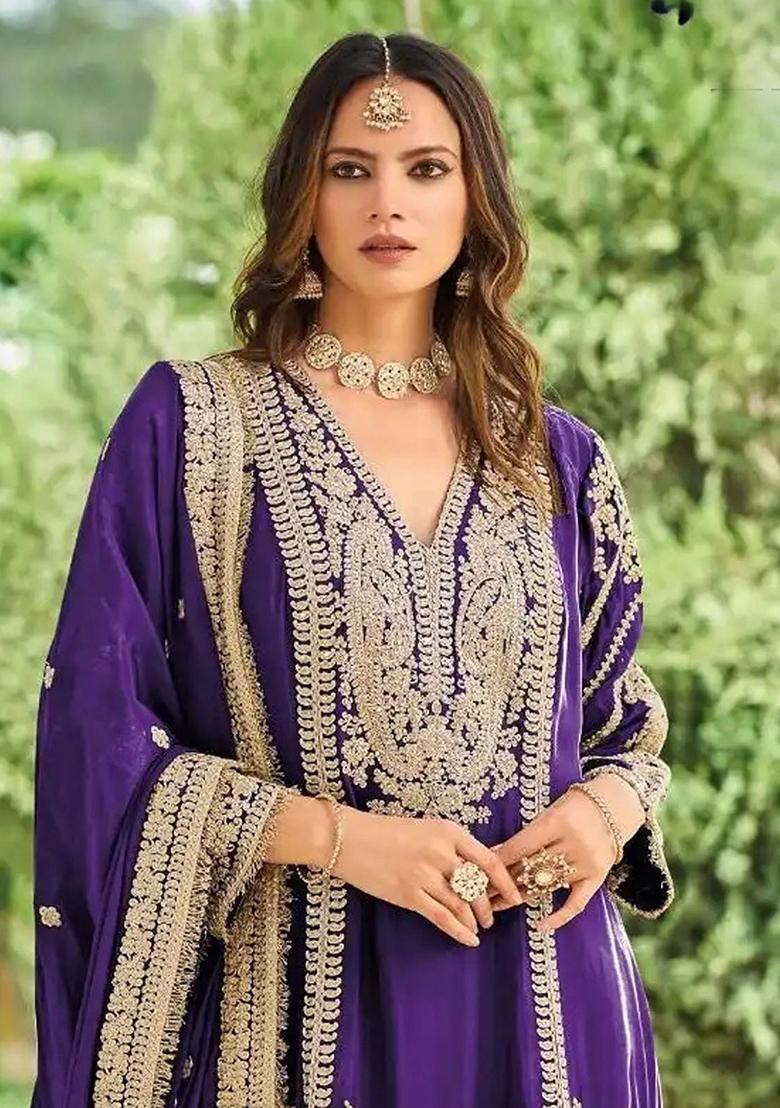 Purple Sequin Work Chinon Kurta Set - Indya