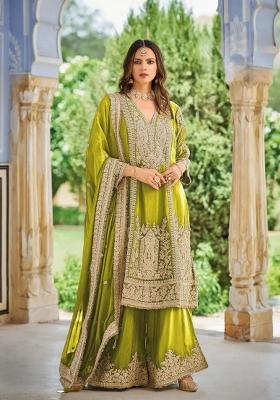 Olive Green Sequin Work Chinon Kurta Set
