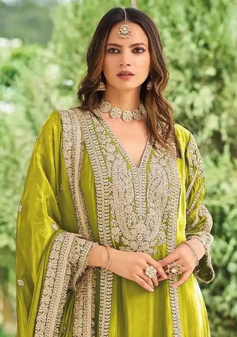 Olive Green Sequin Work Chinon Kurta Set - Indya