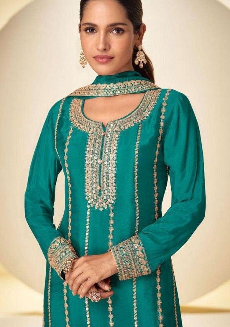 Teal Sequin Work Chinon Kurta Set - Indya