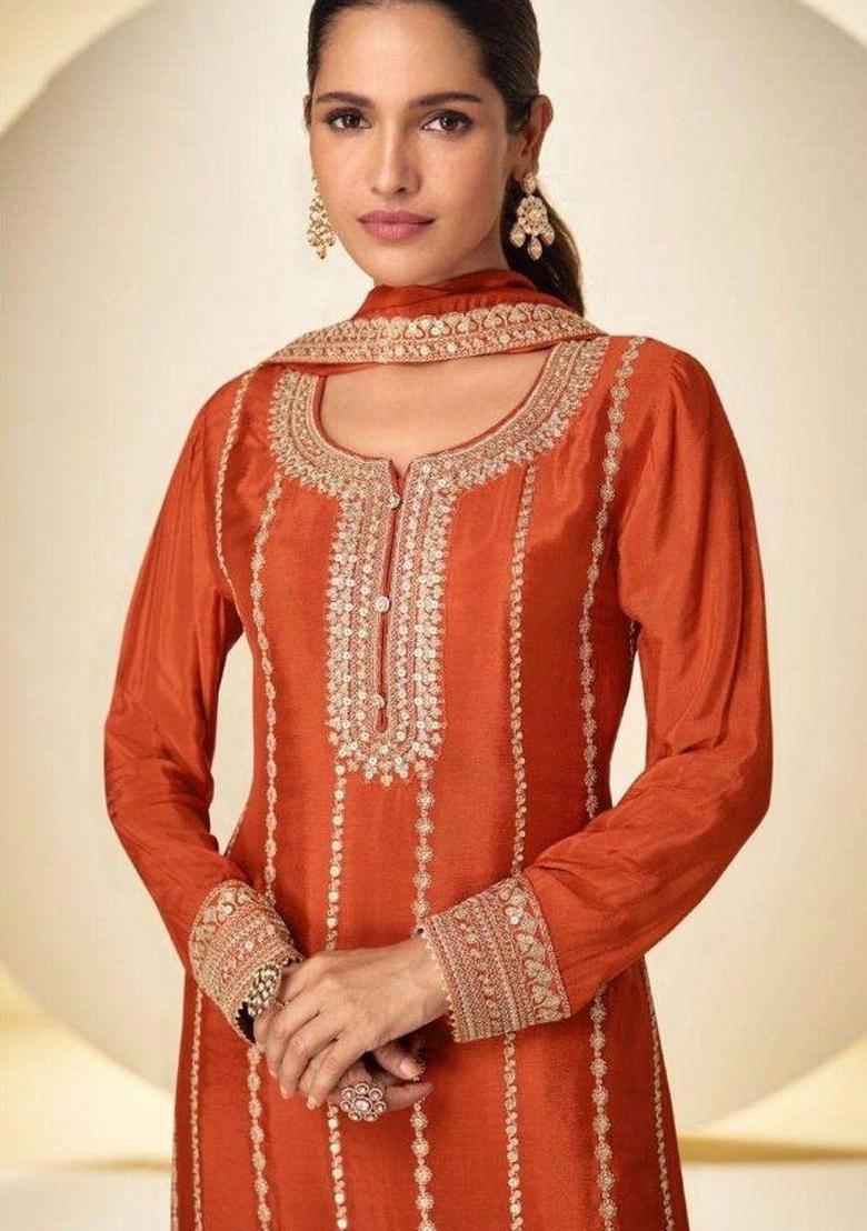 Orange Sequin Work Chinon Kurta Set - Indya