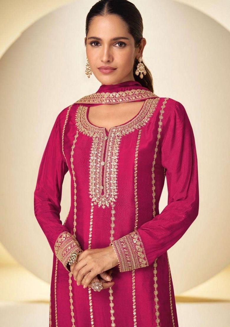 Pink Sequin Work Chinon Kurta Set - Indya
