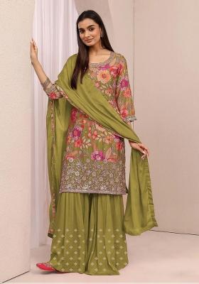 Olive Green Sequin Work Chinon Kurta Set