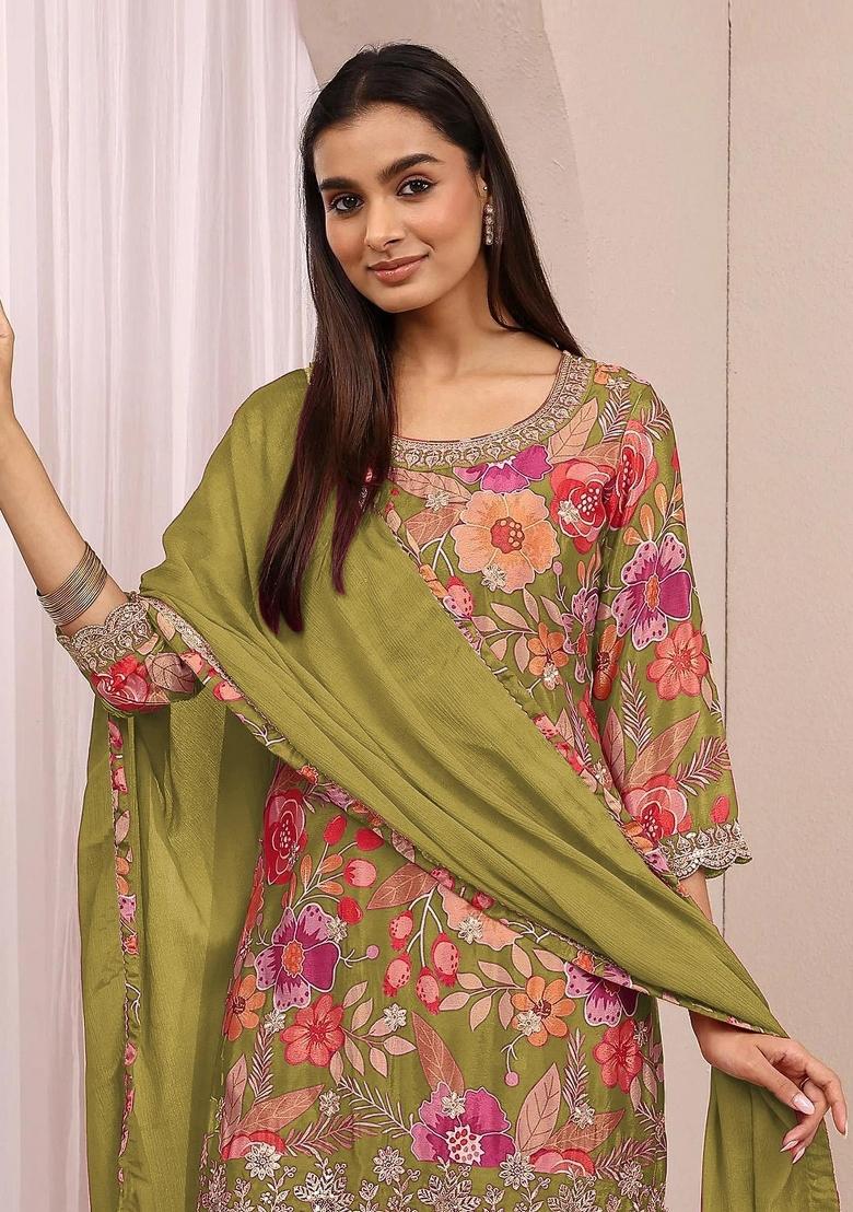 Olive Green Sequin Work Chinon Kurta Set - Indya