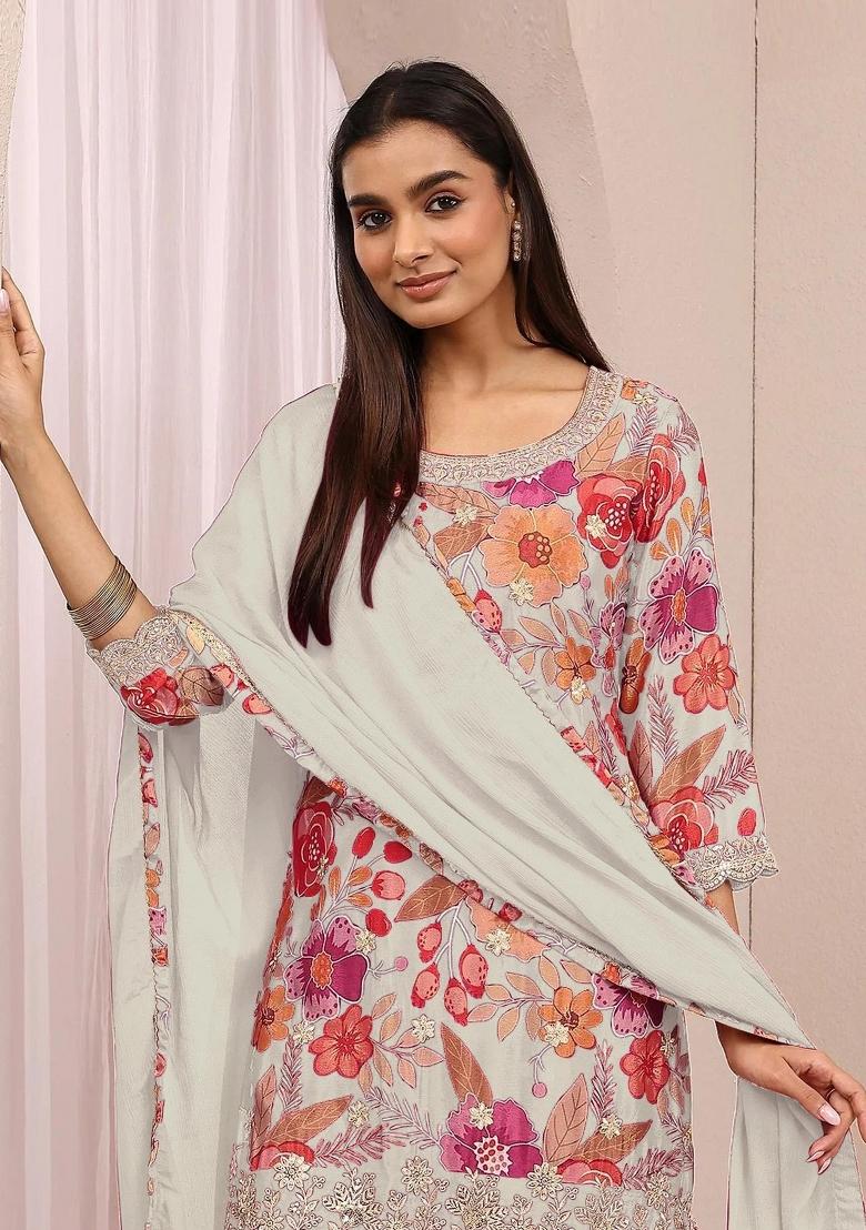 White Sequin Work Chinon Kurta Set - Indya