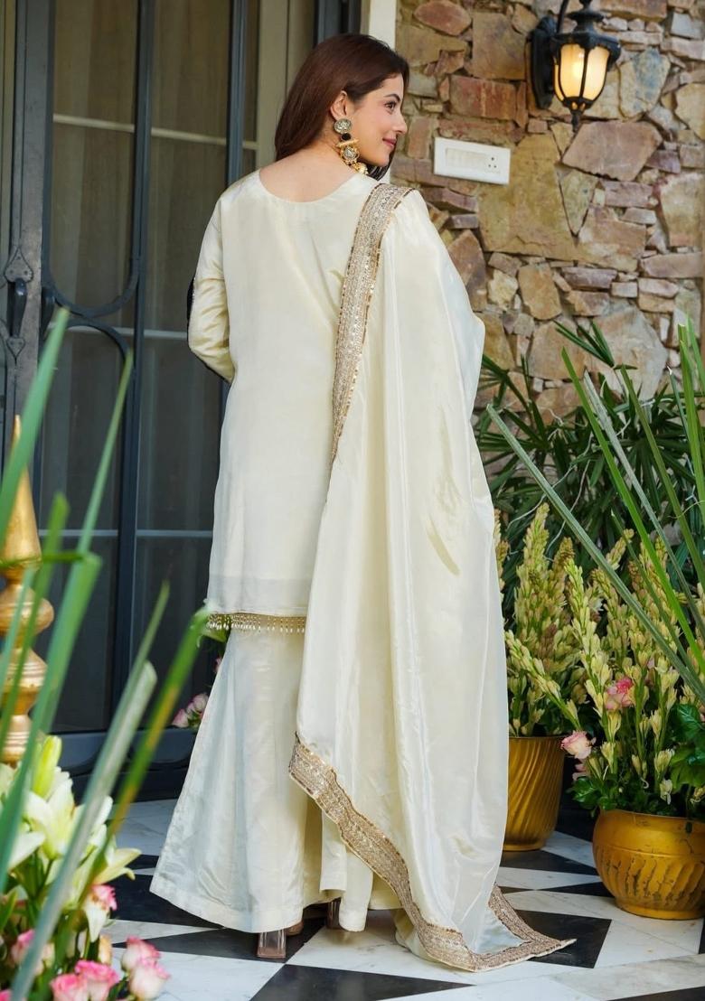 Off White Sequin Work Crepe Kurta Set - Indya