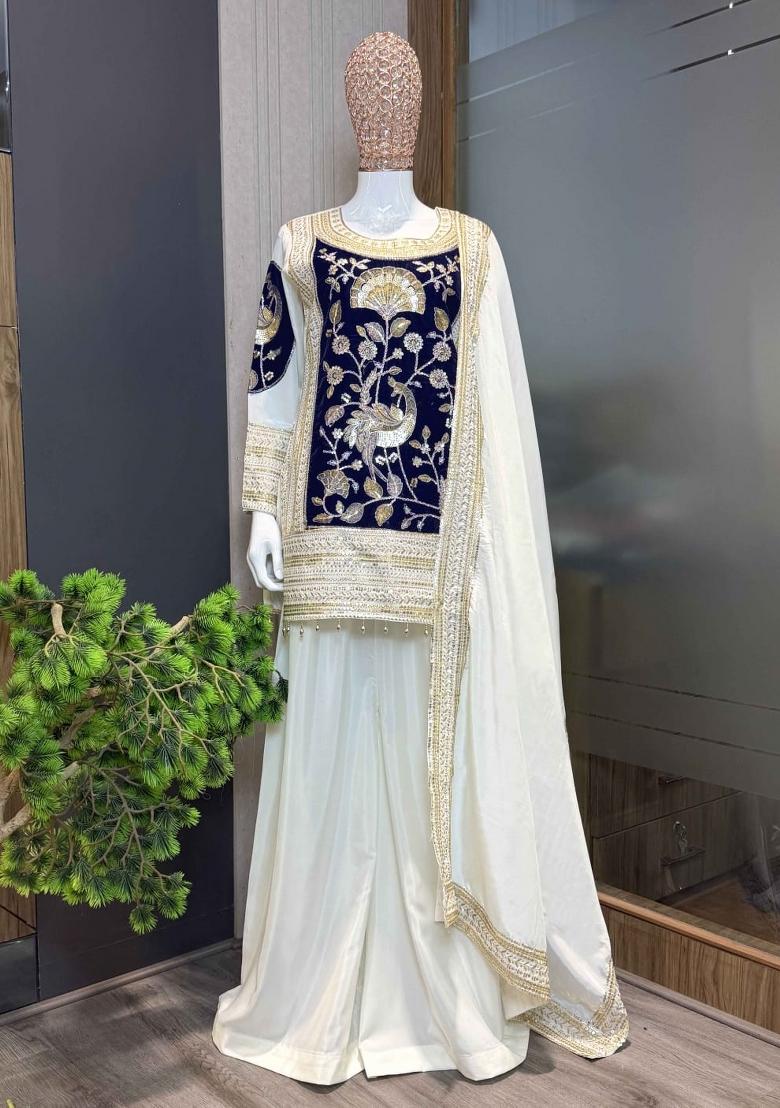 Off White Sequin Work Crepe Kurta Set - Indya