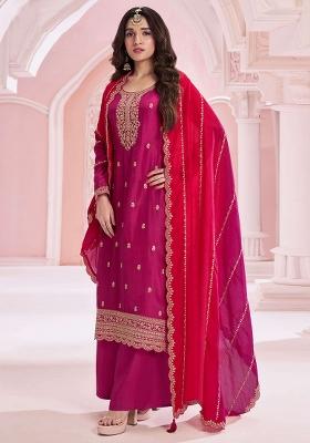 Pinkish Red Sequin Work Vichitra Kurta Set