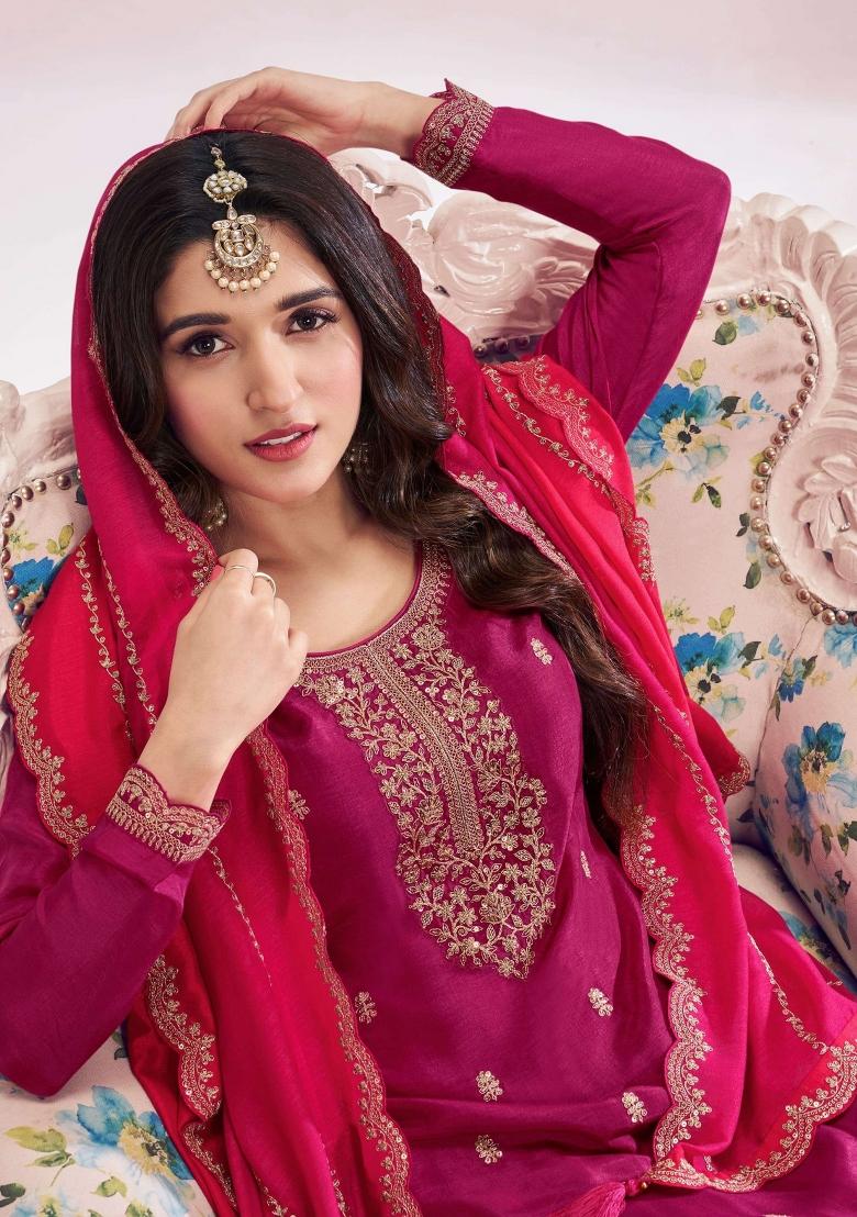 Pinkish Red Sequin Work Vichitra Kurta Set - Indya