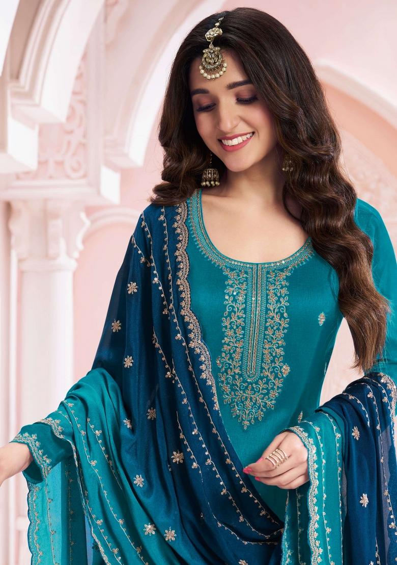 Teal Blue Sequin Work Vichitra Kurta Set - Indya