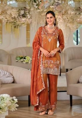 Orange Sequin Work Roman Kurta Set