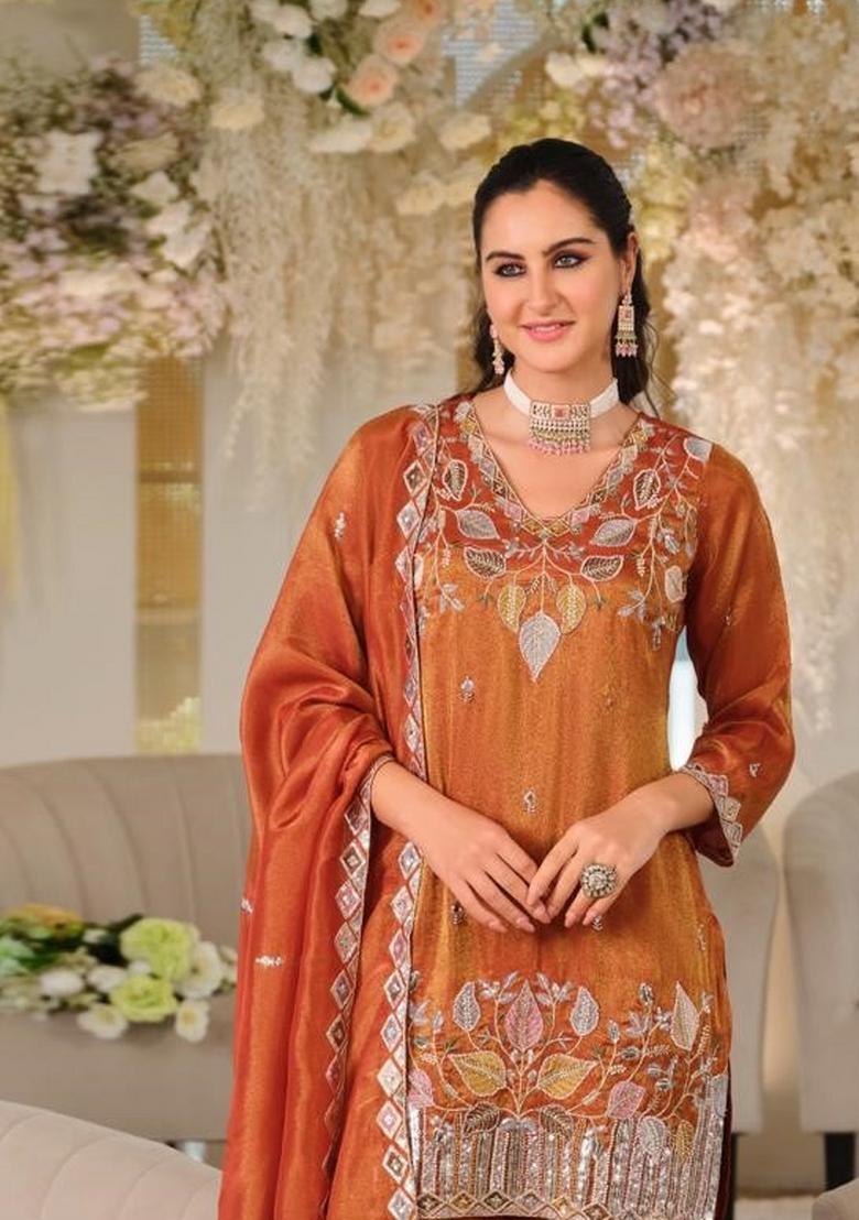 Orange Sequin Work Roman Kurta Set - Indya