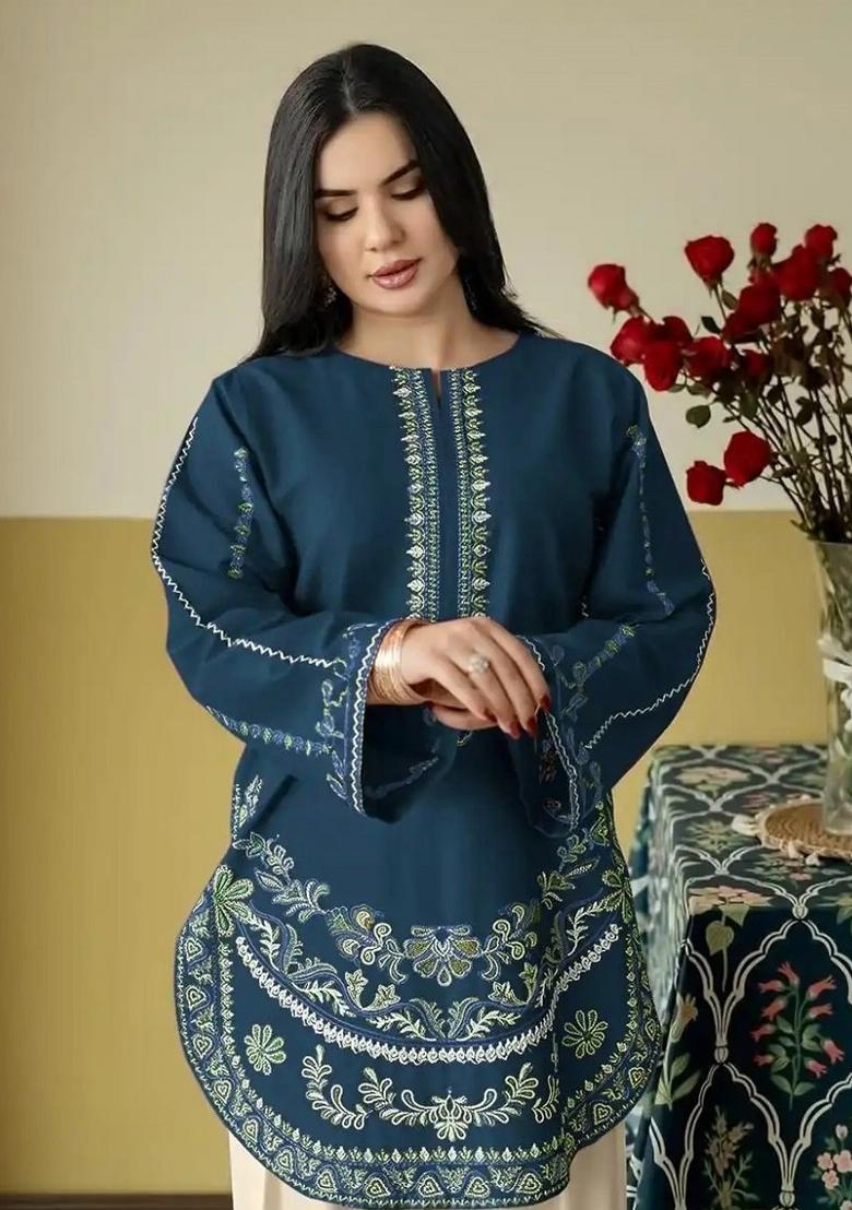 Blue Sequin Work Silk Kurta Set - Indya