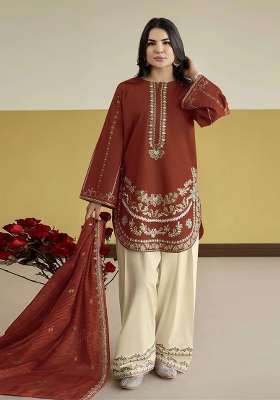 Rust Sequin Work Silk Kurta Set