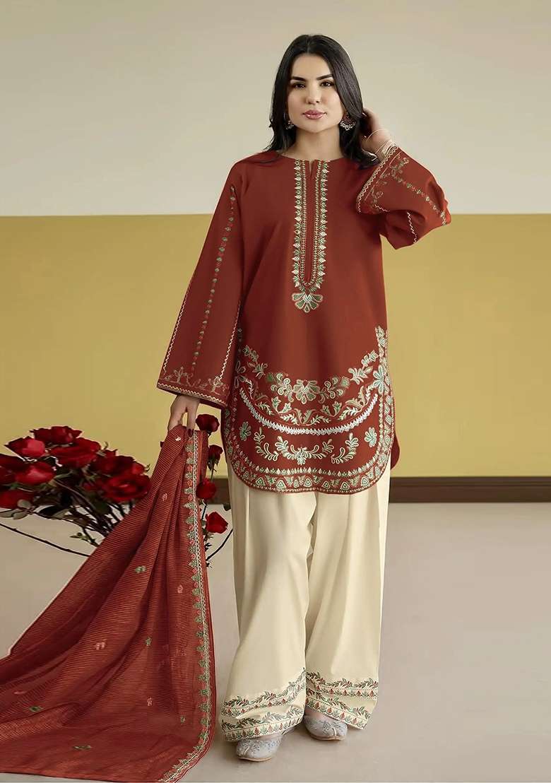 Rust Sequin Work Silk Kurta Set - Indya