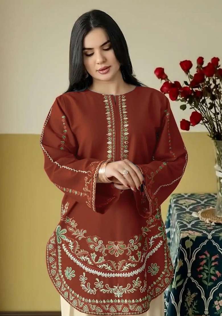 Rust Sequin Work Silk Kurta Set - Indya
