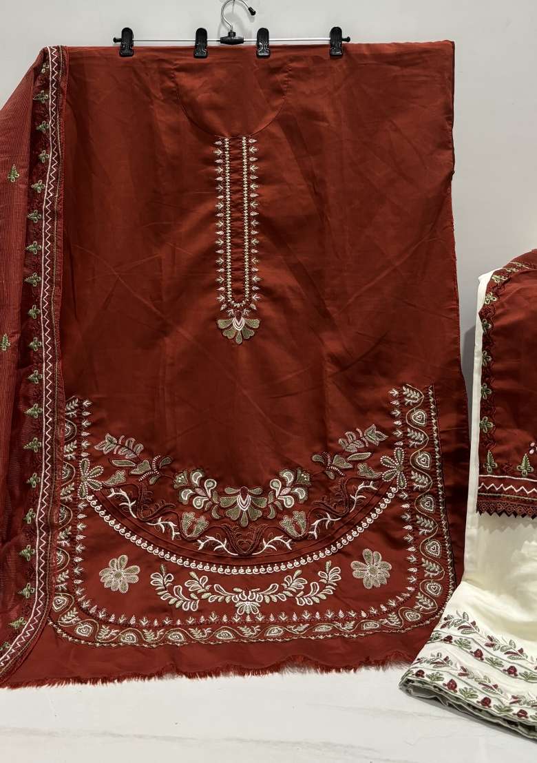 Rust Sequin Work Silk Kurta Set - Indya