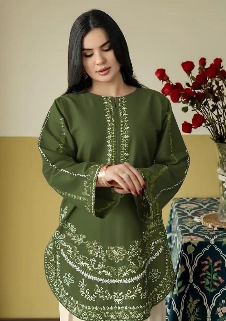 Green Sequin Work Silk Kurta Set - Indya