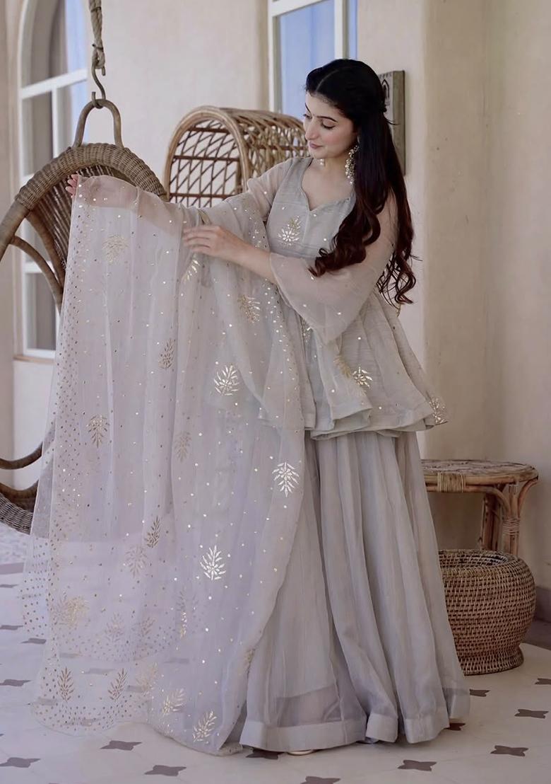 Grey Embroidery Silk Kurta Set - Indya