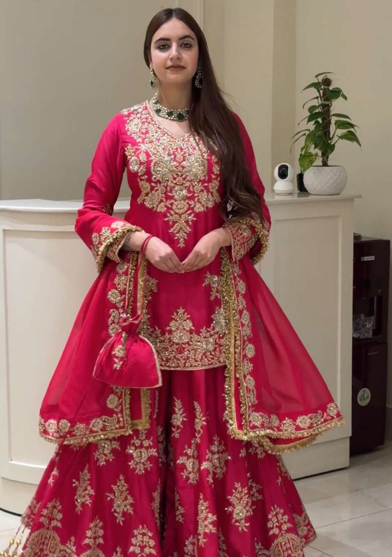 Rani Pink Embroidery Silk Kurta Set - Indya