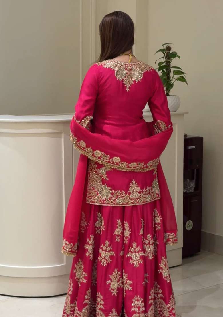 Rani Pink Embroidery Silk Kurta Set - Indya
