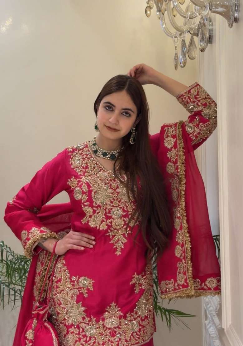 Rani Pink Embroidery Silk Kurta Set - Indya