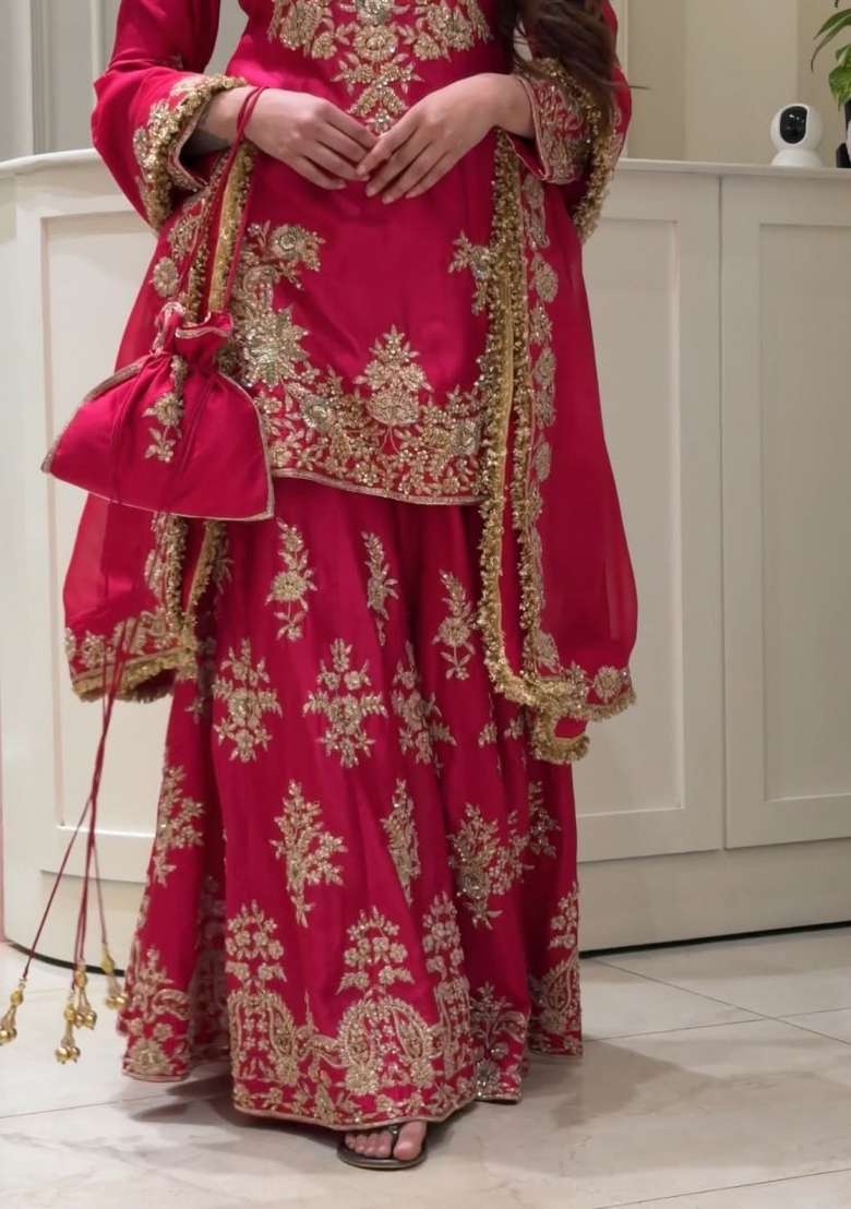 Rani Pink Embroidery Silk Kurta Set - Indya