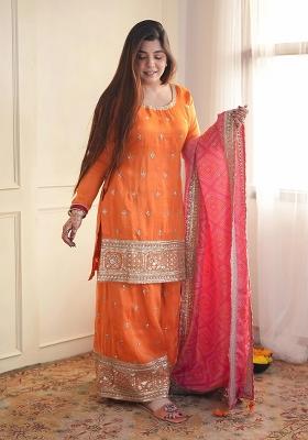Orange Embroidery Silk Kurta Set