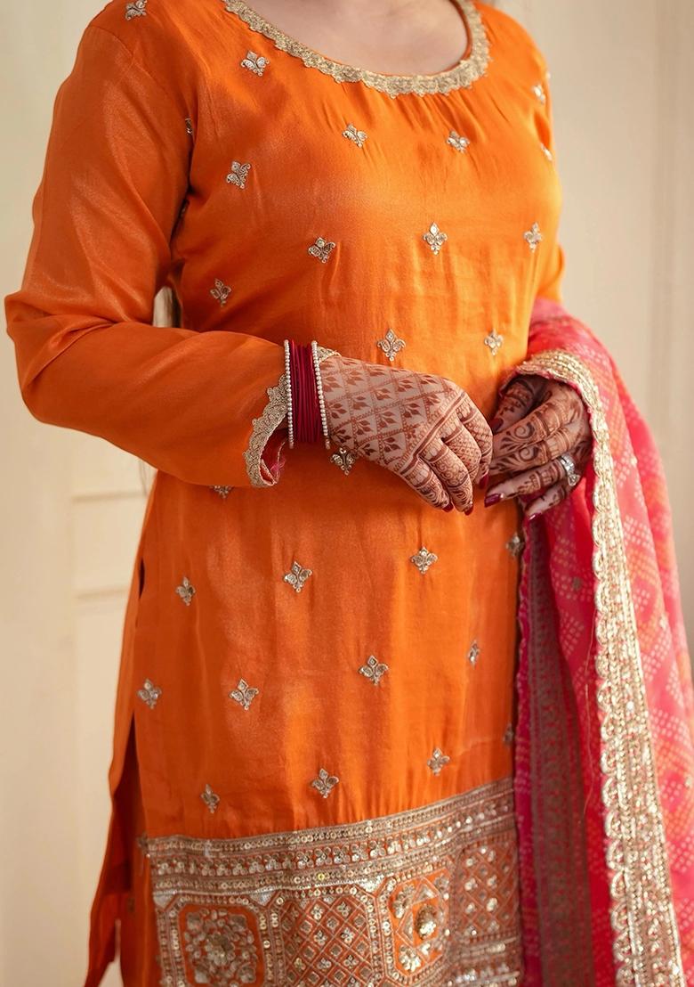 Orange Embroidery Silk Kurta Set - Indya