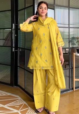 Yellow Embroidery Satin Kurta Set