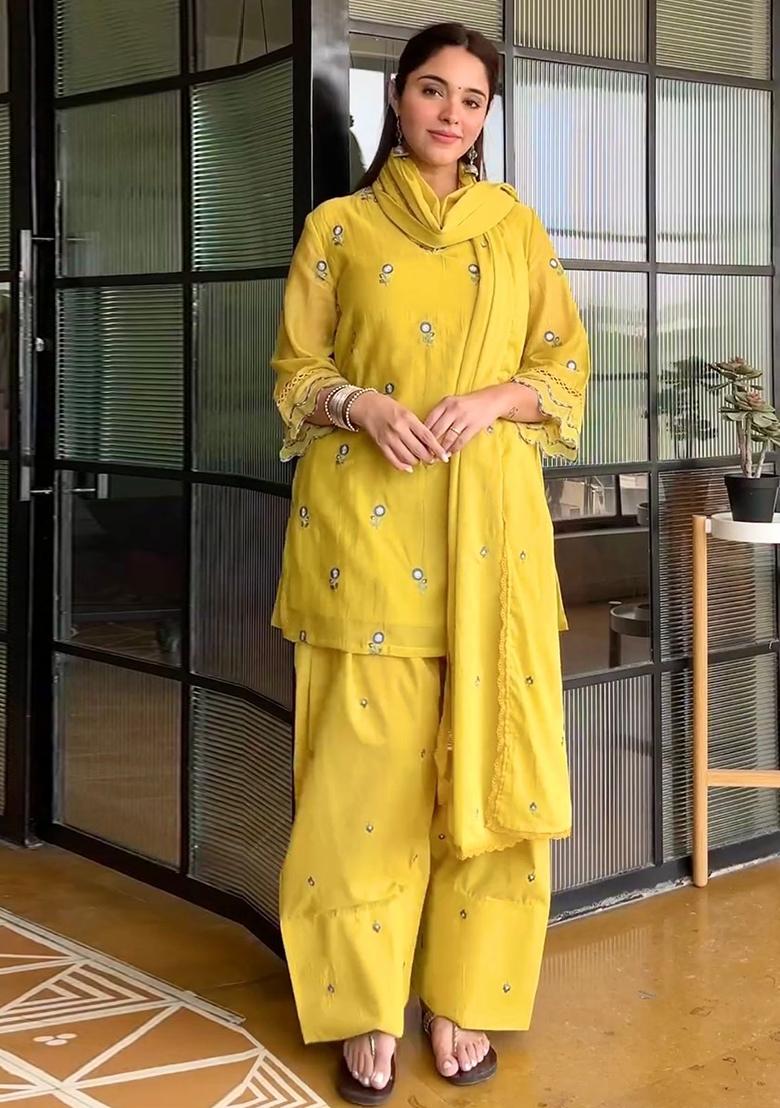Yellow Embroidery Satin Kurta Set - Indya