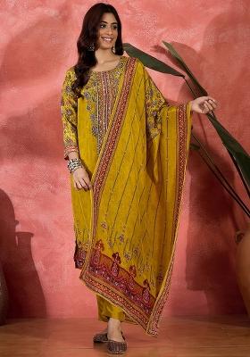 Mustard Embroidery Silk Kurta Set