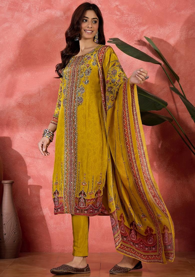 Mustard Embroidery Silk Kurta Set - Indya